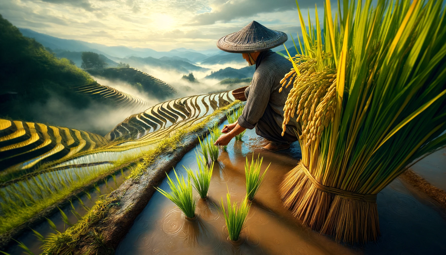 Farming and Agriculture in China - A vivid and detailed closeup illustration of a specific area in a rice terrace in China, presented in a wide panoramic aspect. Focus on the intricate (1)