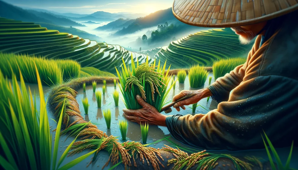 Farming and Agriculture in China - A vivid and detailed closeup illustration of a specific area in a rice terrace in China, presented in a wide panoramic aspect. Focus on the intricate (2)